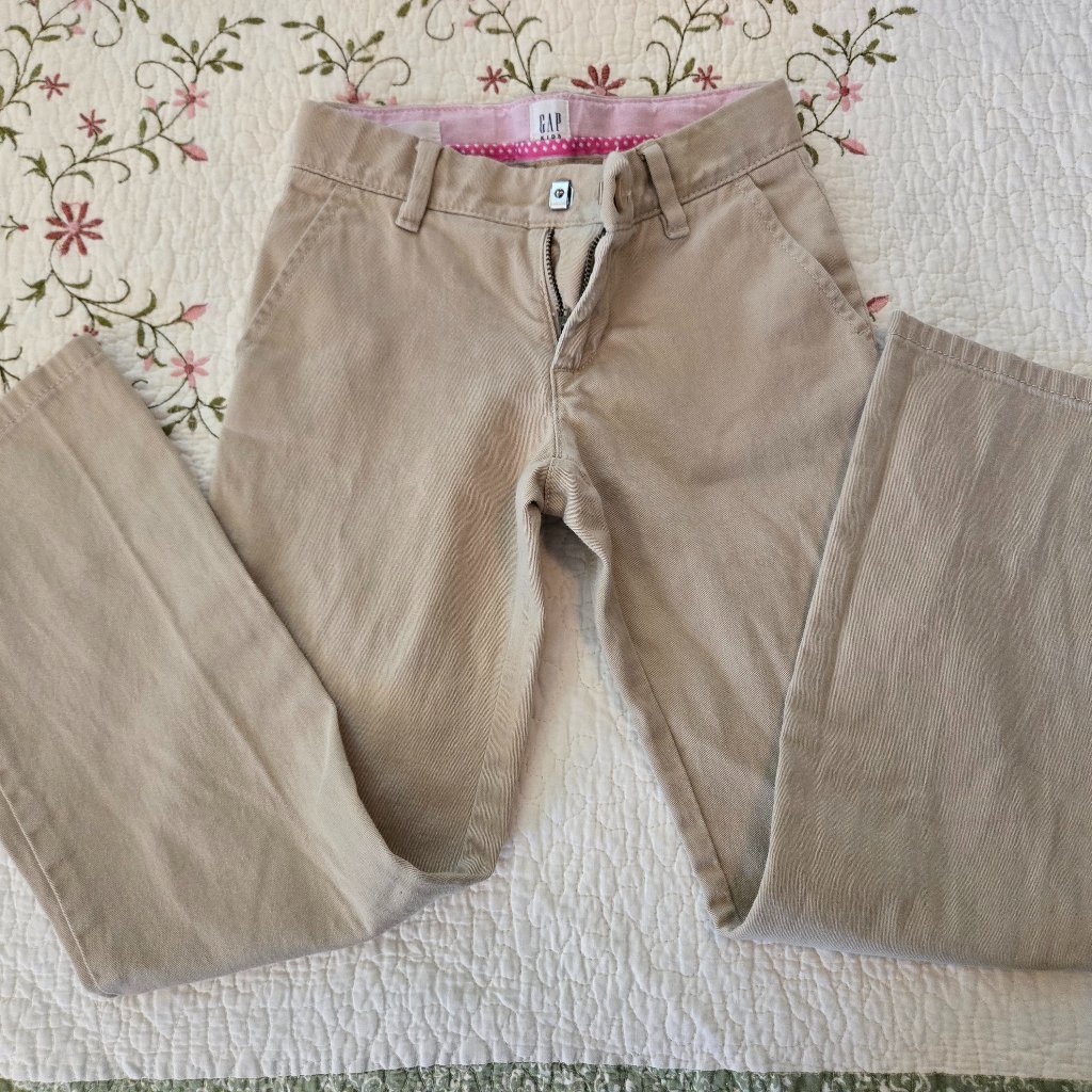 Gap Kids-7 Slim Pants-Pink Poka Dot Waist Band-Tan Colored Slacks